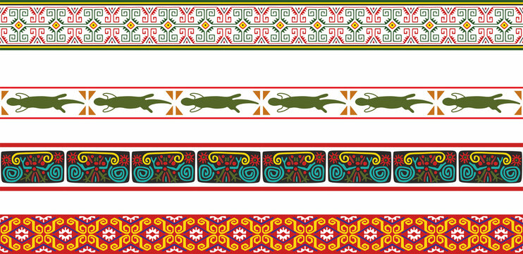 Vector set of seamless colored border ornaments. Native American tribal framework.
