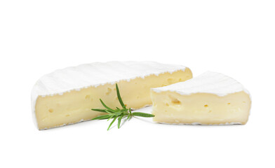 Tasty cut brie cheese with rosemary on white background
