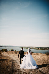 Serene view of a bride in a beautiful wedding dress and the groom walking on the shore of a lake