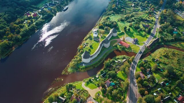 Old Russian fortress. Ancient fortress on the coast of Volkhov river in the town of Staraya Ladoga (Old Ladoga) in Russia. Aerial view of the ancient fortress.