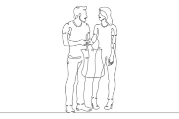 One continuous line.Holiday shopping.The couple goes shopping. Man and woman are walking with bags from the store. Sale.One continuous drawing line logo isolated minimal illustration.
