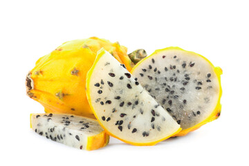 Delicious cut and whole yellow pitahaya fruits on white background