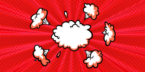 Surprising boom cloud in halftone background for sales and promotions. Banner template for surprises and bursting events. Vector illustration in pop art style