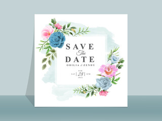 Beautiful blue and pink flowers wedding invitation card