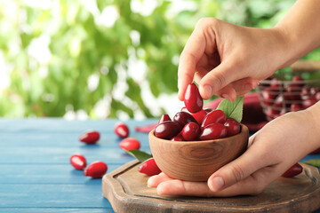 Woman taking fresh ripe dogwood berry from bowl at light blue wooden table, closeup. Space for text