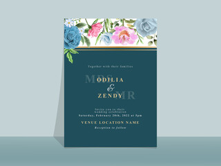 Beautiful blue and pink flowers wedding invitation card