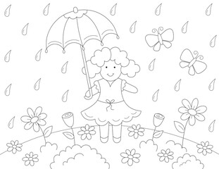 happy girl with umbrella standing under the rain, coloring sheet for kids. you can print it on standard 8.5x11 inch paper