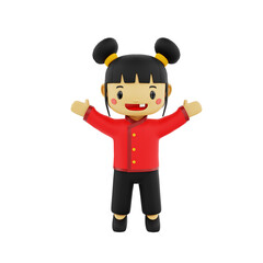 3d female chibi character raising both hands in chinese new year