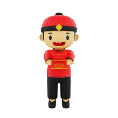 3d male chibi character giving red envelope in chinese new year