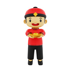 3d male character holding gold ingots in Chinese new year