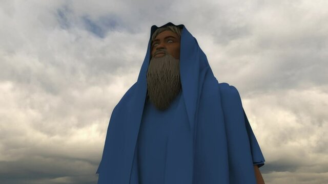 3d render of the patriarch Enoch looking to the skies, rotating camera, animation