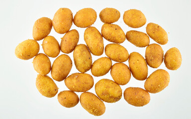 Top View of Yellow Spicy Coated Peanuts on White Background