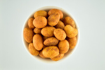 Top View of Spicy Coated Peanuts in Bowl