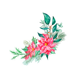 Watercolor Christmas floral bouquet. Botanical design postcard with traditional decor of winter plants