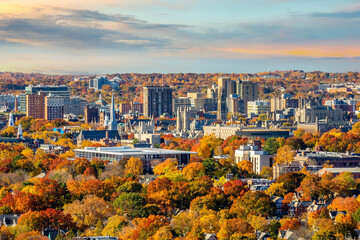 New Haven city downtown skyline cityscape of Connecticut in autumn - obrazy, fototapety, plakaty