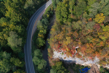 Top view of a highway surrounded by colorful forests