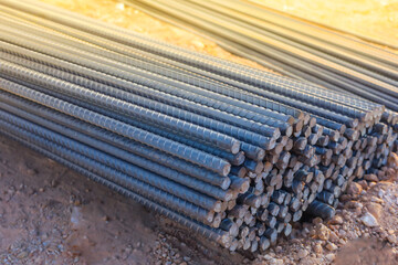 Reinforcement Steel Rod and deformed bar with rebar at construction site.