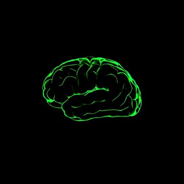 color 3d illustration of human brain with green glowing outlines on black background