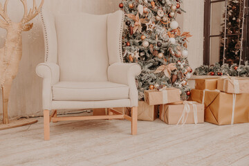 Christmas, New Year light interior with chair, decorated fir tree with garlands and balls