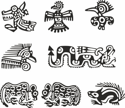 Vector set of Native American symbols, Aztec, Maya, Inca. figurines of Native American tribes.

