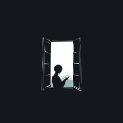 silhouette vector design of person standing by the window holding smartphone
