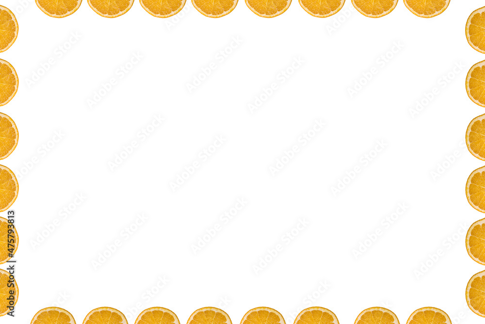 Poster white backdrop for copy space with orange slices on the frame