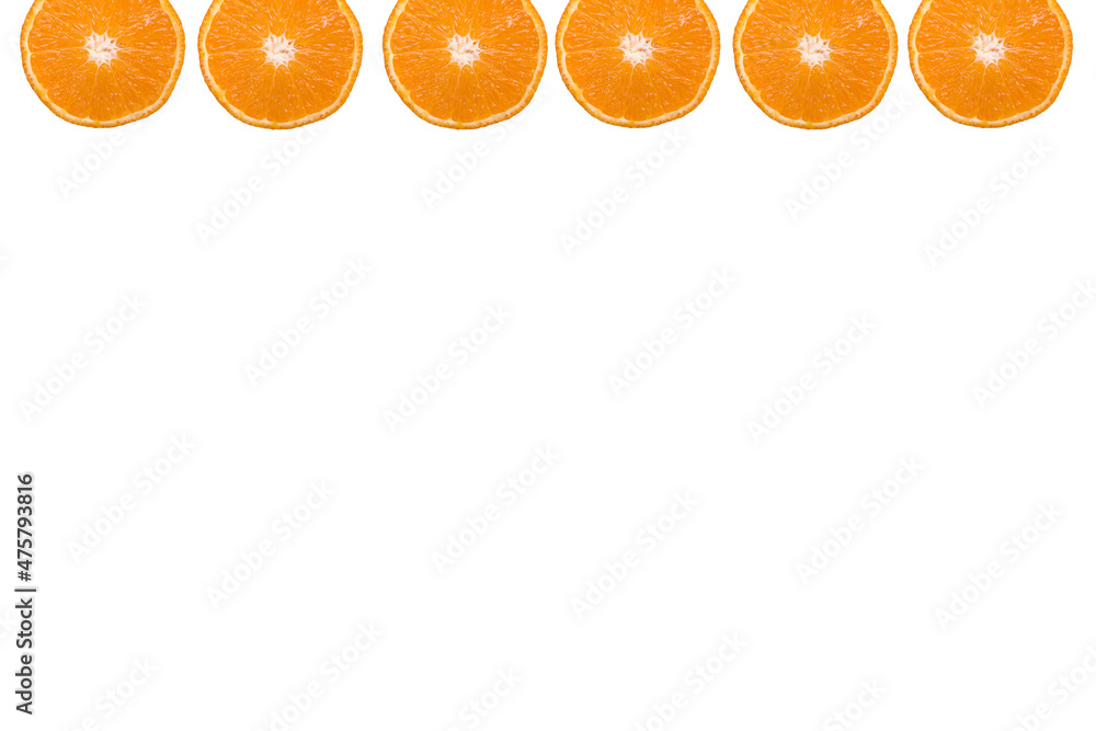Poster white backdrop for copy space with orange slices on the frame