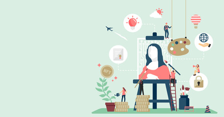 NFT ( non-fungible token ) concept web banner  illustration ( no text )