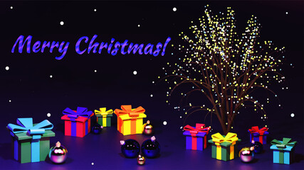 Christmas tree with gifts. Christmas background. Winter holiday decorations.
