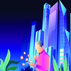 Futuristic vector illustration of a man touching a smartphone screen, the world in your hand, modern, digital technology concept