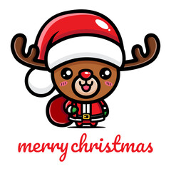 Fototapeta na wymiar cute reindeer cartoon character celebrating christmas wearing santa claus hat