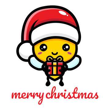 cute bee cartoon character celebrating christmas wearing santa claus hat