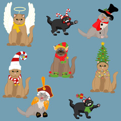 Cats in holyday christmas hats and costumes