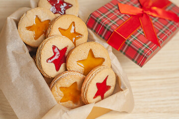 Traditional austrian christmas cookies in the giftbox. Linzer cookies.