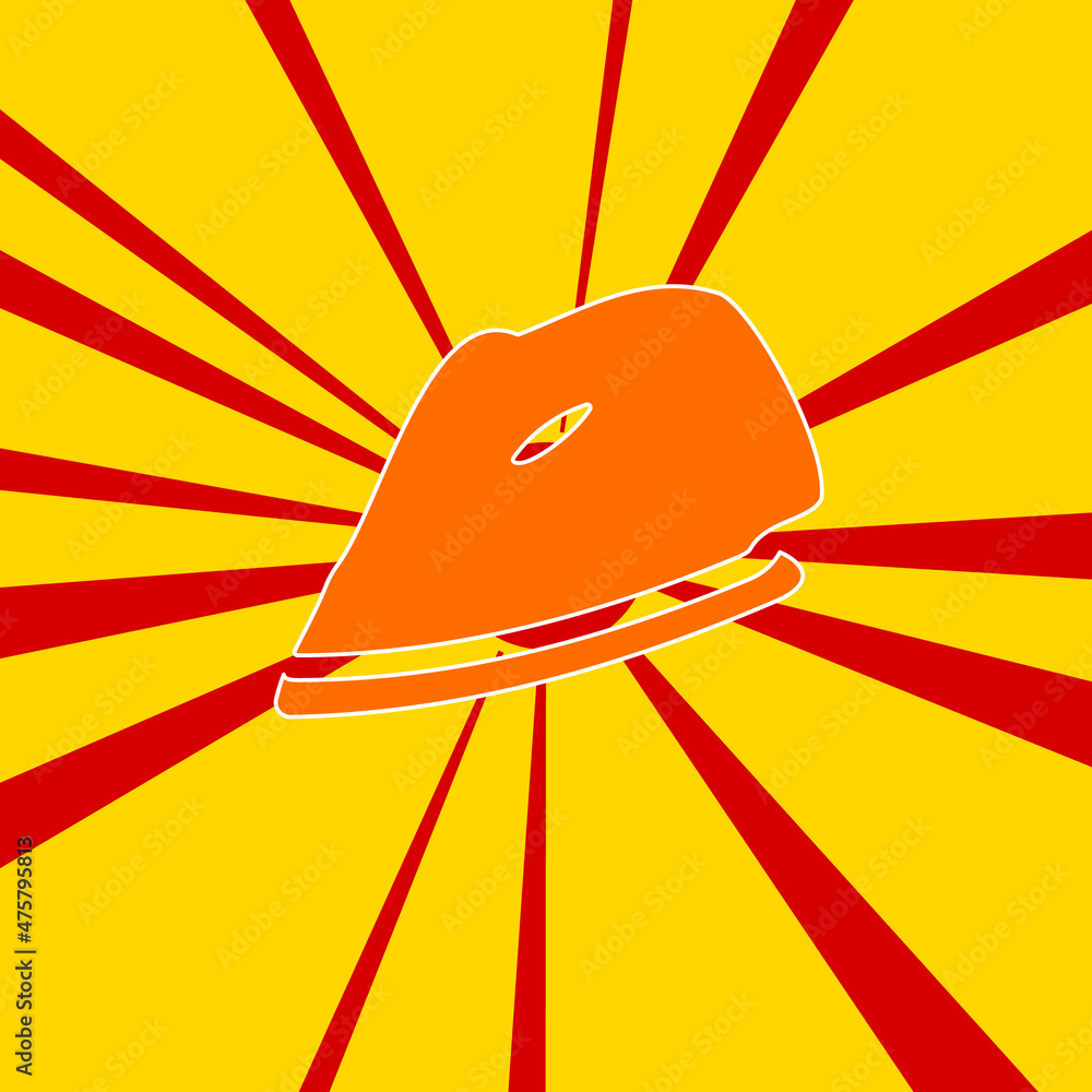 Poster iron symbol on a background of red flash explosion radial lines. the large orange symbol is located 