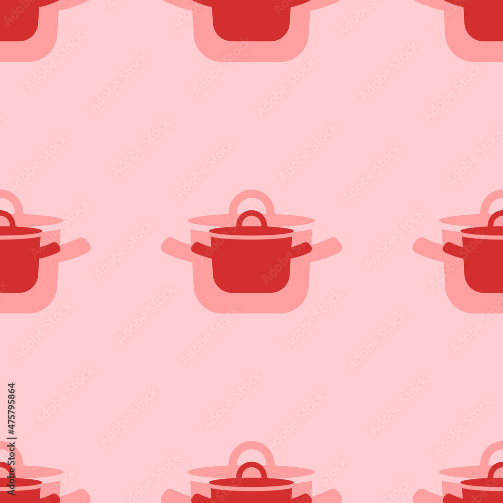 Poster Seamless pattern of large isolated red pot symbols. The elements are evenly spaced. Vector illustration on light red background