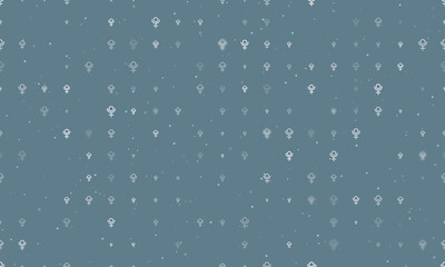 Seamless background pattern of evenly spaced white astrological pluto symbols of different sizes and opacity. Vector illustration on blue gray background with stars