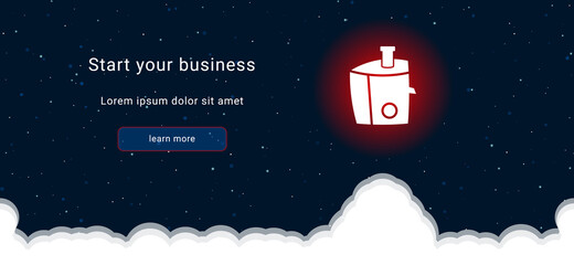 Business startup concept Landing page screen. The juicer symbol on the right is highlighted in bright red. Vector illustration on dark blue background with stars and curly clouds from below