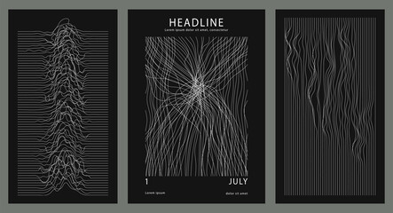 Set of three backgrounds for typography, decor design, business, covers. Illustration with threads, curls, distorted lines. Abstract poster with light patterns on a black background.
