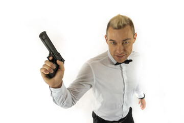 Man whith pistol, a brave tough man holding a gun on a white background