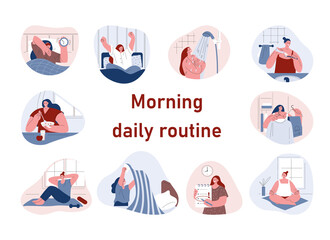Woman is doing her morning routine. Set of vector illustrations in flat style.