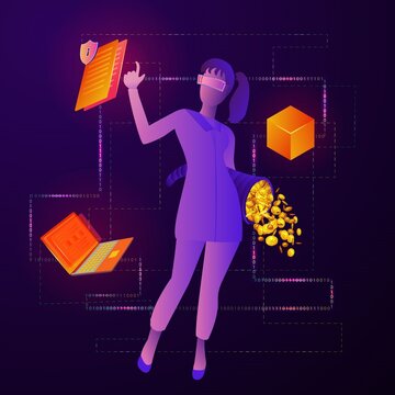Illustration of Blockchain and smart contract with a girl and lot of investment return.