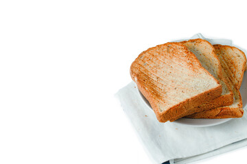 stack of toast on white plate and white placemat on white background, top view,isolate