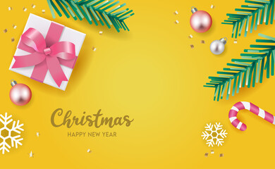 Fototapeta na wymiar Christmas banner. Gold-tone yellow background for on-sale product Holiday looks fun and cute with decorations such as gift box, and snow. Have words Christmas happy new year. Vector illustration.