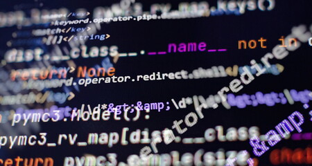 Desktop PC monitor photo. Javascript functions, variables, objects. Project managers work new idea....