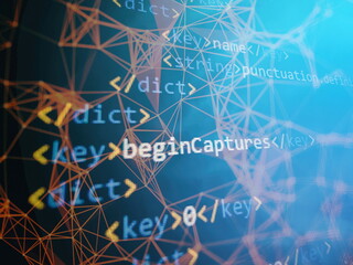 SEO optimization. Modern tech. PHP syntax highlighted. Writing programming functions on laptop. Big data and Internet of things trend.