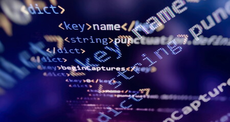 SEO optimization. Modern tech. PHP syntax highlighted. Writing programming functions on laptop. Big data and Internet of things trend.