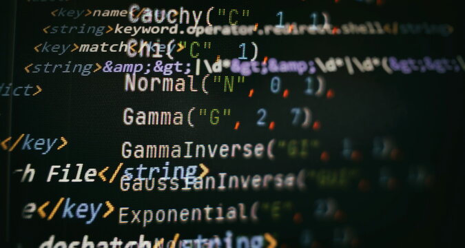 Desktop PC monitor photo. Javascript functions, variables, objects. Project managers work new idea. Future technology creation process.