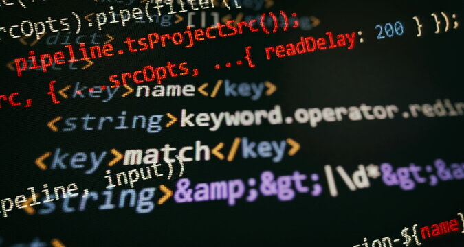 Desktop PC monitor photo. Javascript functions, variables, objects. Project managers work new idea. Future technology creation process.