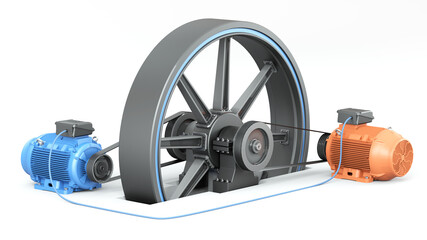 Perpetual motion machine concept. Law of energy conservation. Electric motor, flywheel and generator. 3d illustration